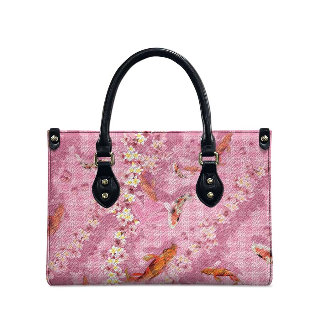Pink Palaka Hawaiian And Japanese Leather Bag Sakura Lei With Koi Fish - Polynesian Pride