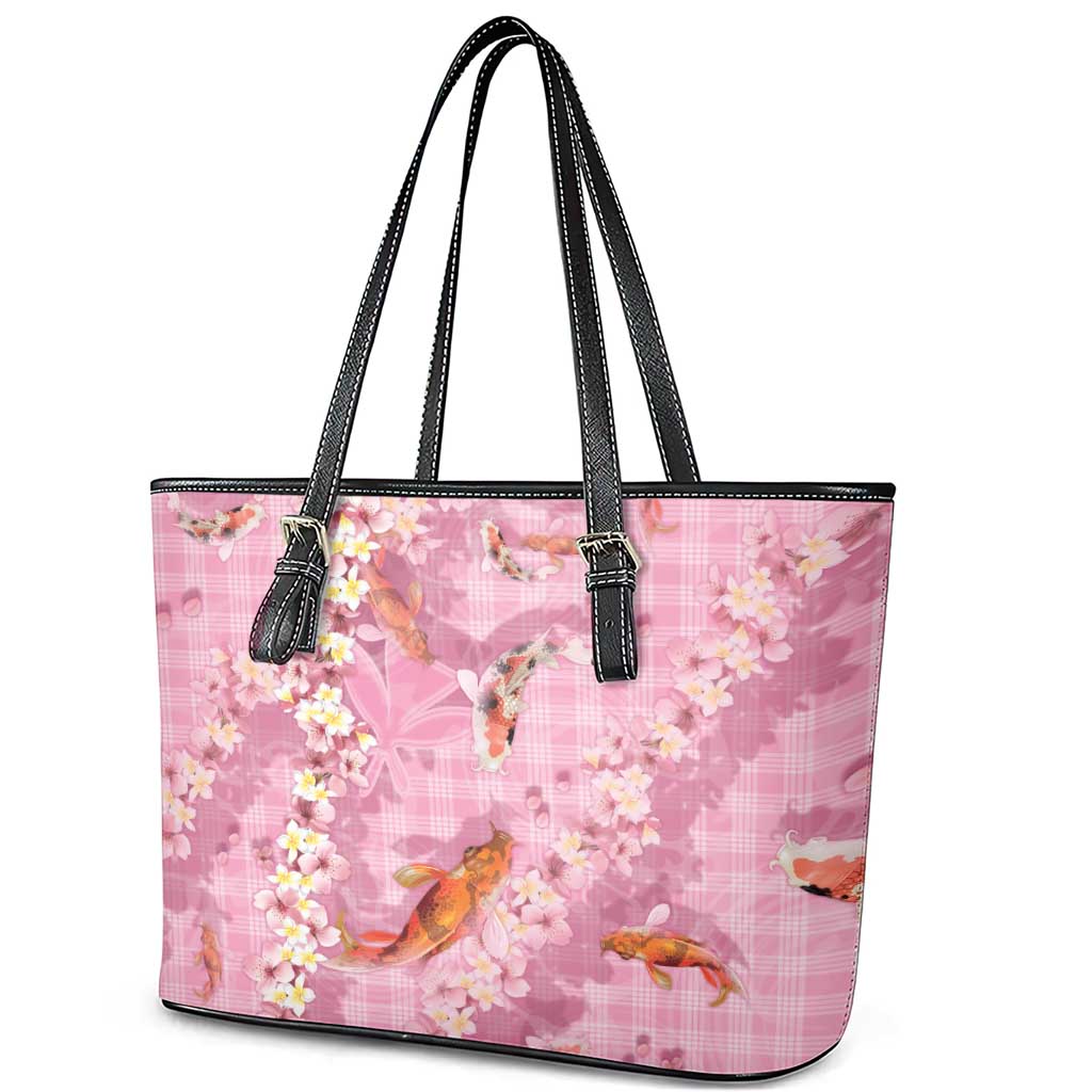 Pink Palaka Hawaiian And Japanese Leather Tote Bag Sakura Lei With Koi Fish - Polynesian Pride