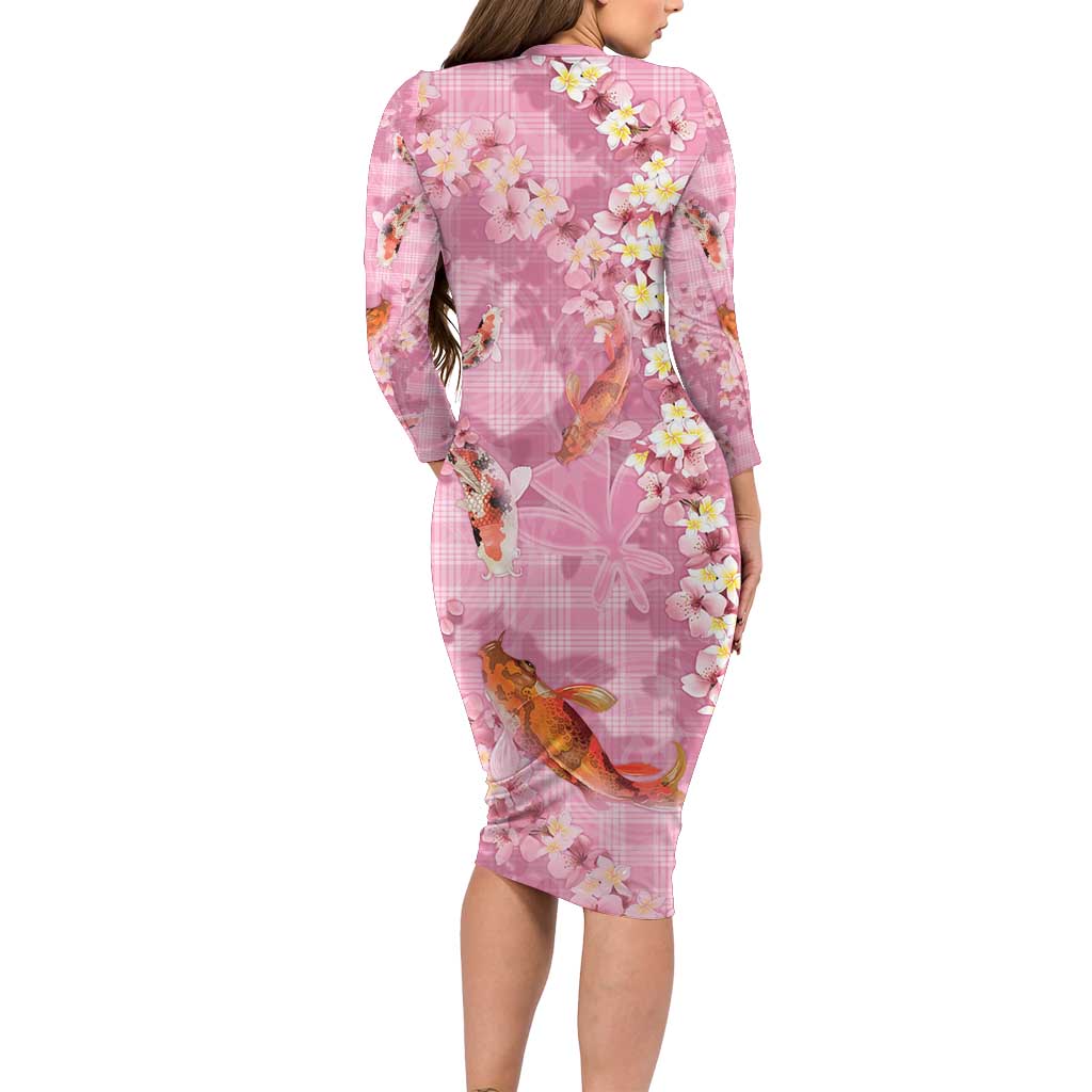 Pink Palaka Hawaiian And Japanese Long Sleeve Bodycon Dress Sakura Lei With Koi Fish - Polynesian Pride
