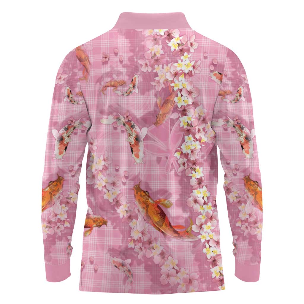 Pink Palaka Hawaiian And Japanese Long Sleeve Polo Shirt Sakura Lei With Koi Fish - Polynesian Pride