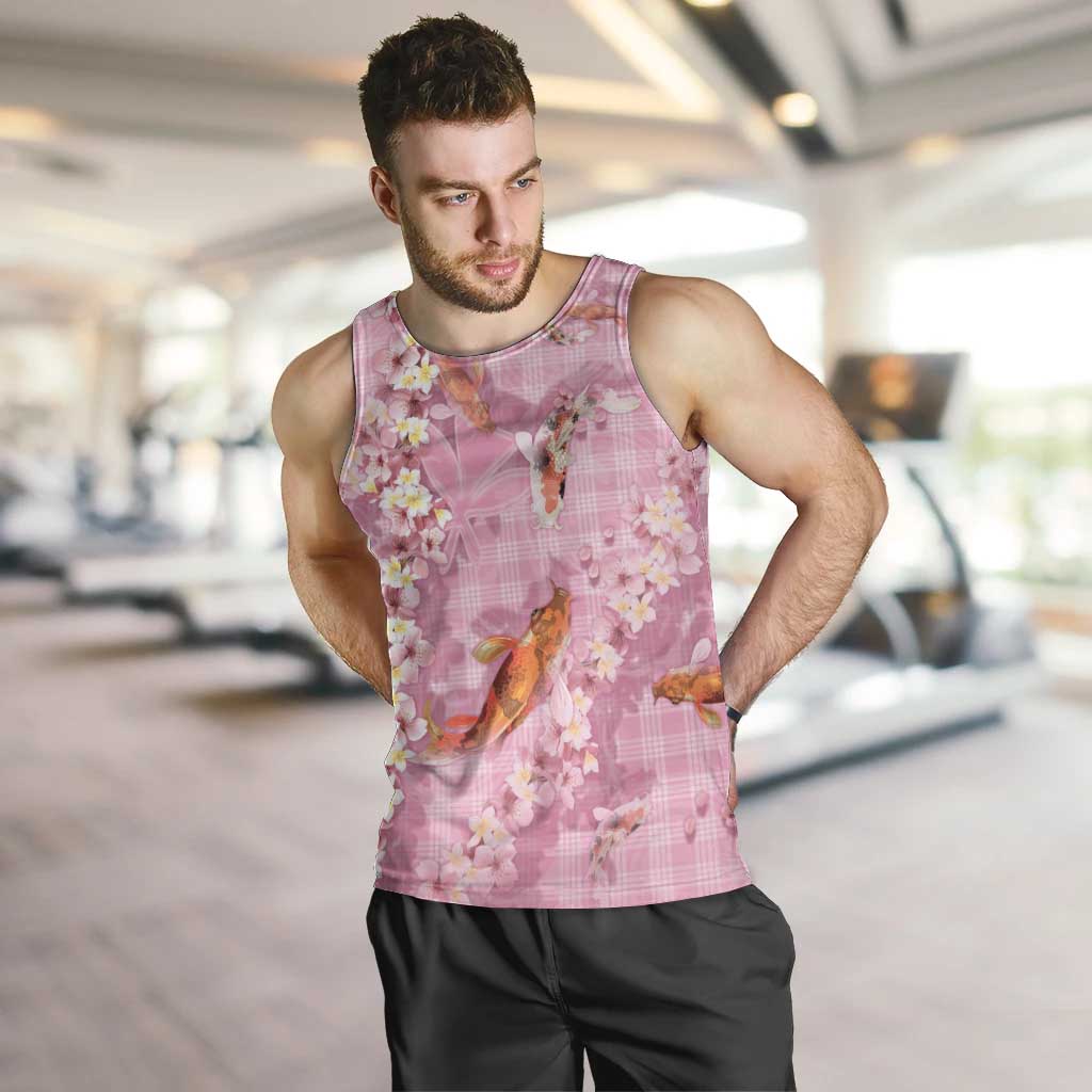 Pink Palaka Hawaiian And Japanese Men Tank Top Sakura Lei With Koi Fish - Polynesian Pride