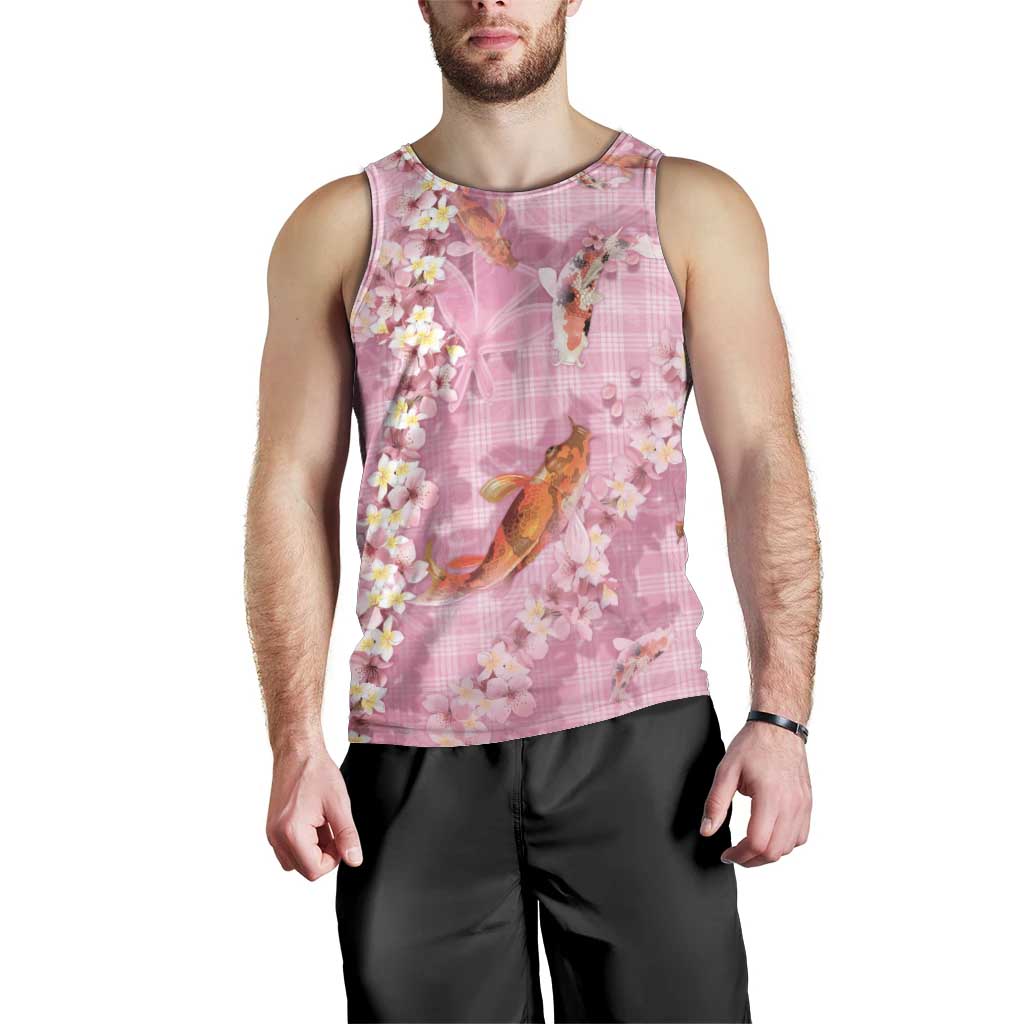 Pink Palaka Hawaiian And Japanese Men Tank Top Sakura Lei With Koi Fish - Polynesian Pride