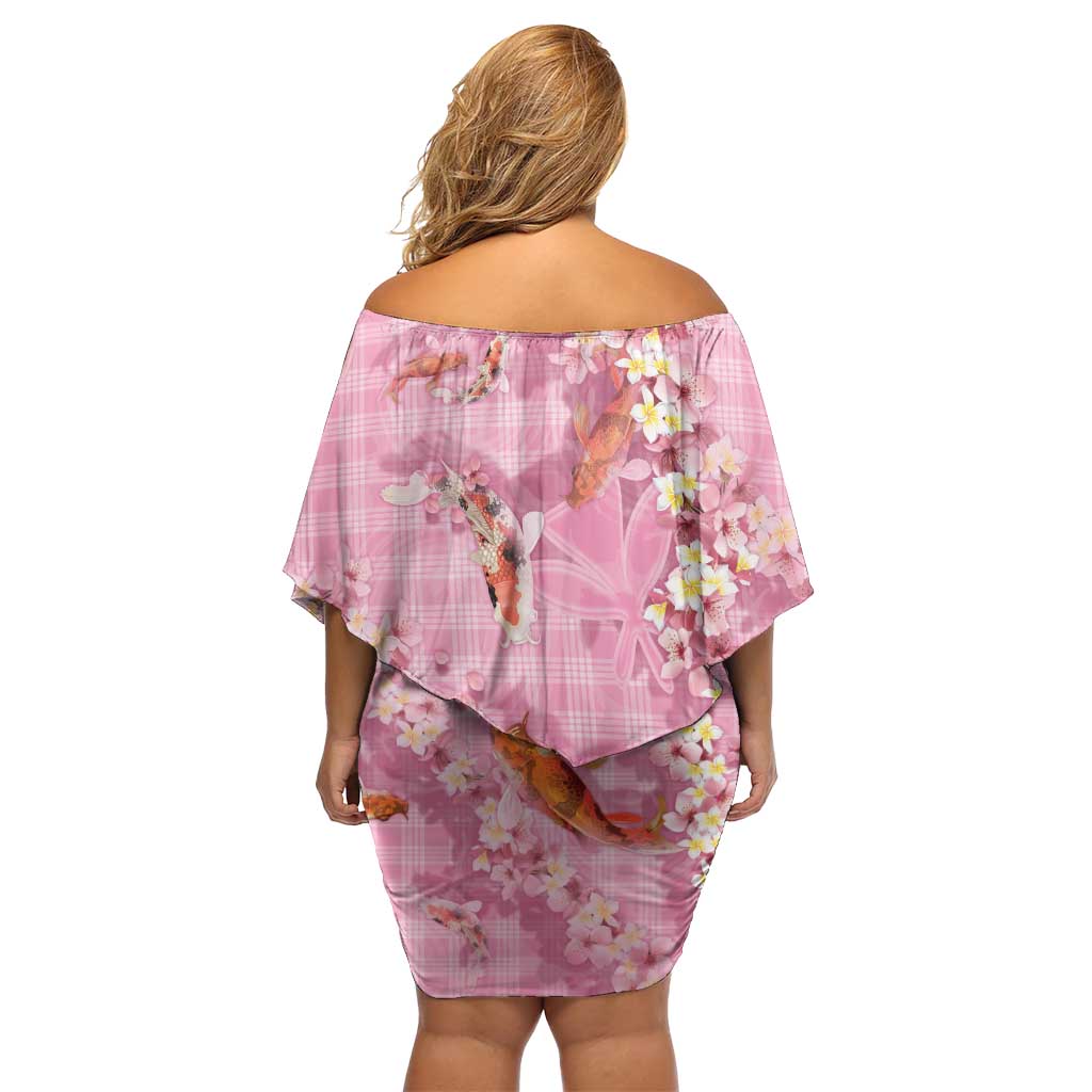Pink Palaka Hawaiian And Japanese Off Shoulder Short Dress Sakura Lei With Koi Fish - Polynesian Pride