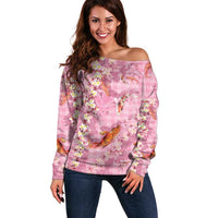 Pink Palaka Hawaiian And Japanese Off Shoulder Sweater Sakura Lei With Koi Fish - Polynesian Pride