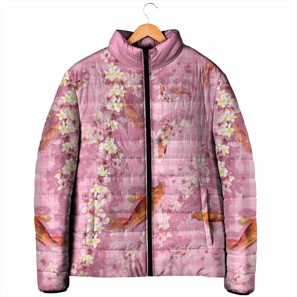 Pink Palaka Hawaiian And Japanese Padded Jacket Sakura Lei With Koi Fish - Polynesian Pride