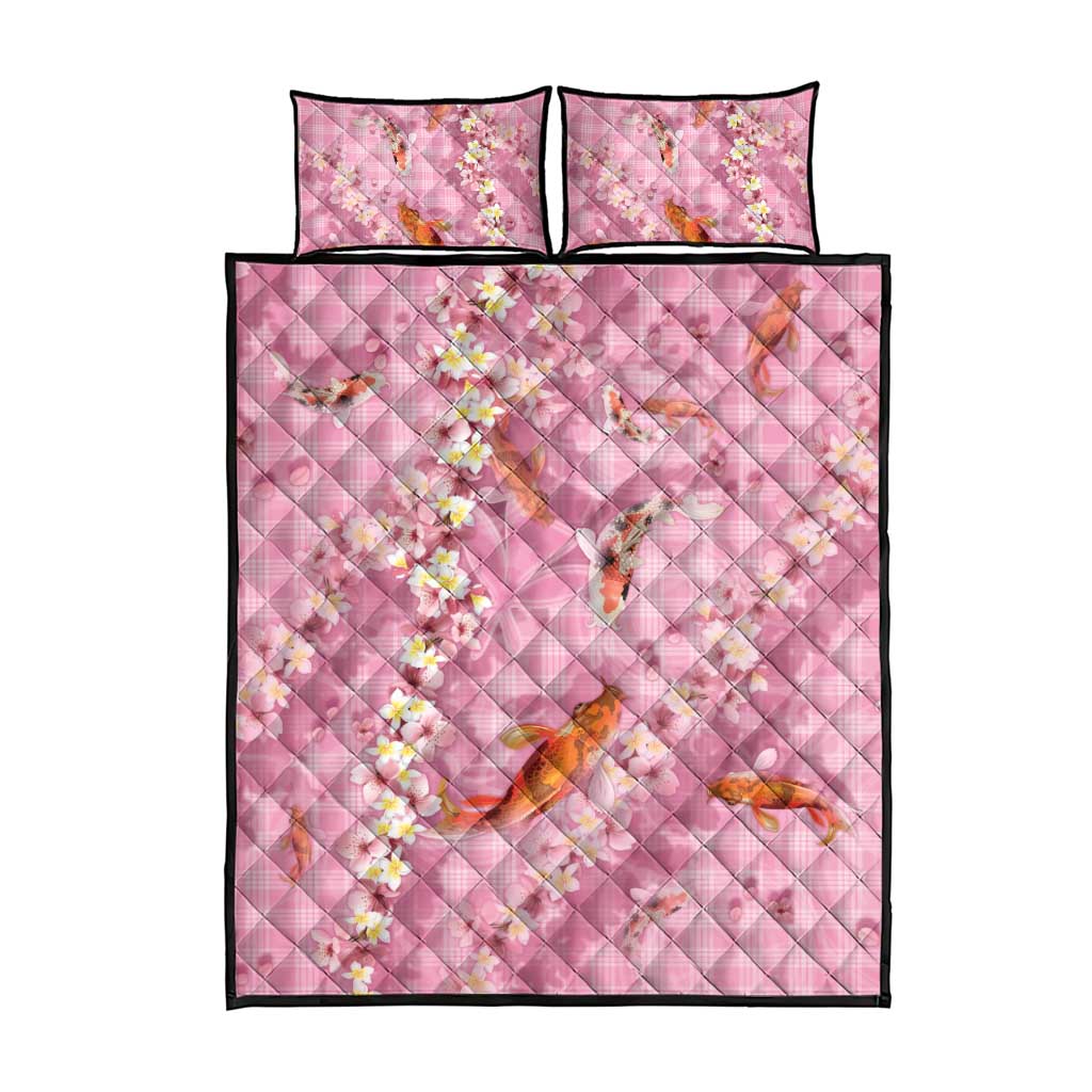 Pink Palaka Hawaiian And Japanese Quilt Bed Set Sakura Lei With Koi Fish - Polynesian Pride