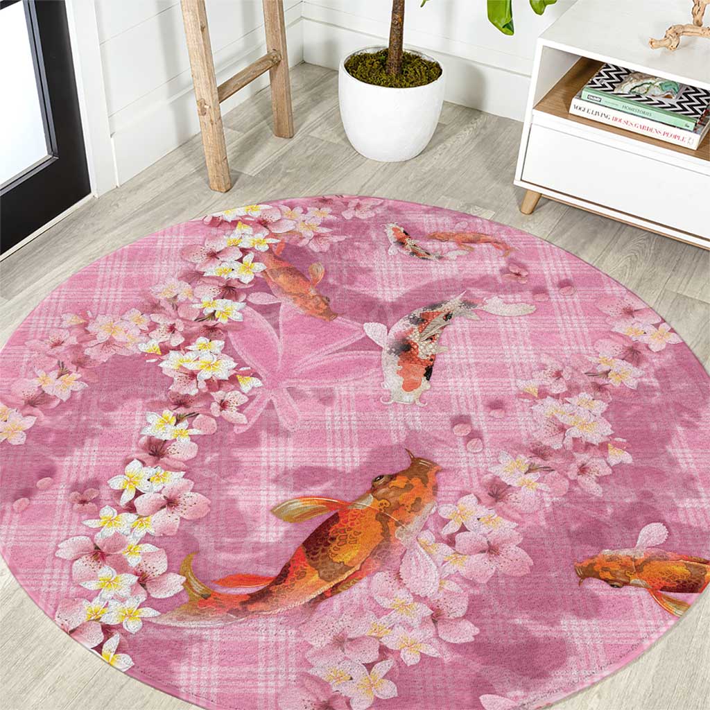 Pink Palaka Hawaiian And Japanese Round Carpet Sakura Lei With Koi Fish - Polynesian Pride