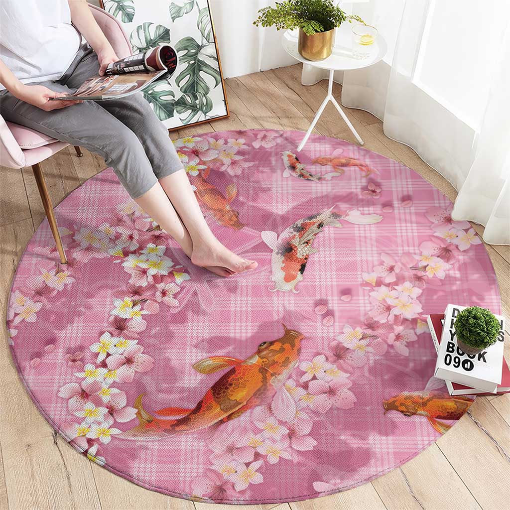 Pink Palaka Hawaiian And Japanese Round Carpet Sakura Lei With Koi Fish - Polynesian Pride