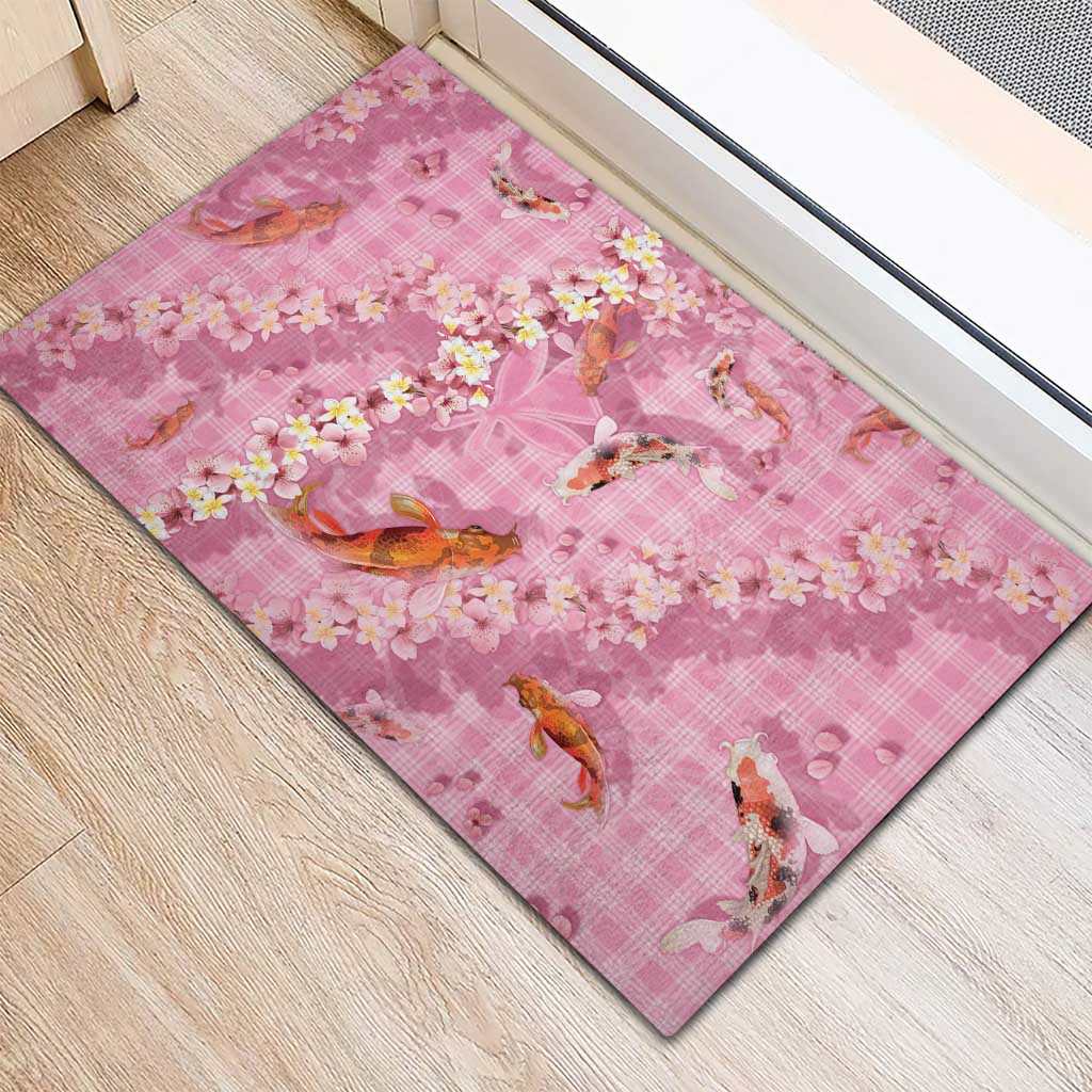 Pink Palaka Hawaiian And Japanese Rubber Doormat Sakura Lei With Koi Fish - Polynesian Pride