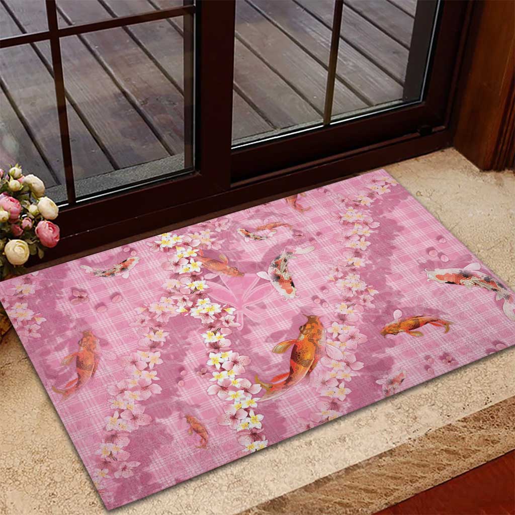 Pink Palaka Hawaiian And Japanese Rubber Doormat Sakura Lei With Koi Fish - Polynesian Pride