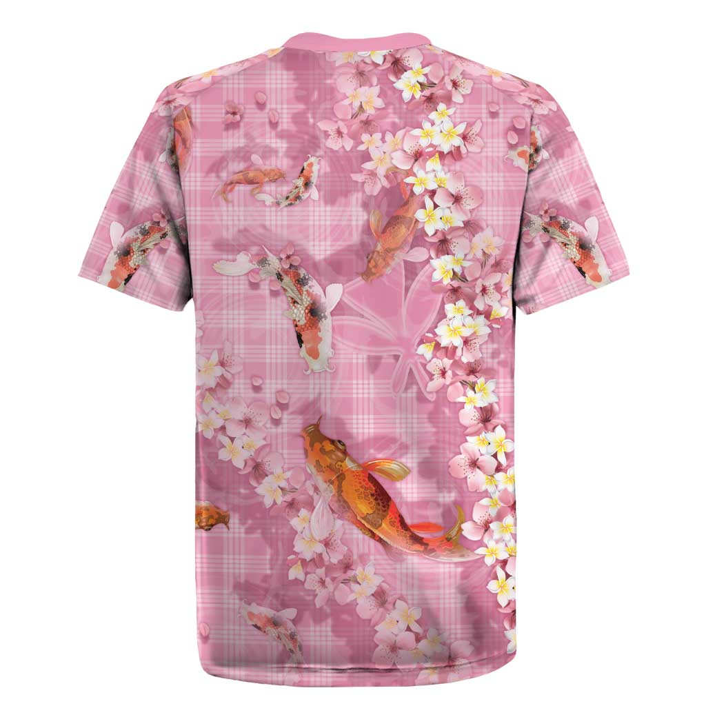 Pink Palaka Hawaiian And Japanese Rugby Jersey Sakura Lei With Koi Fish - Polynesian Pride