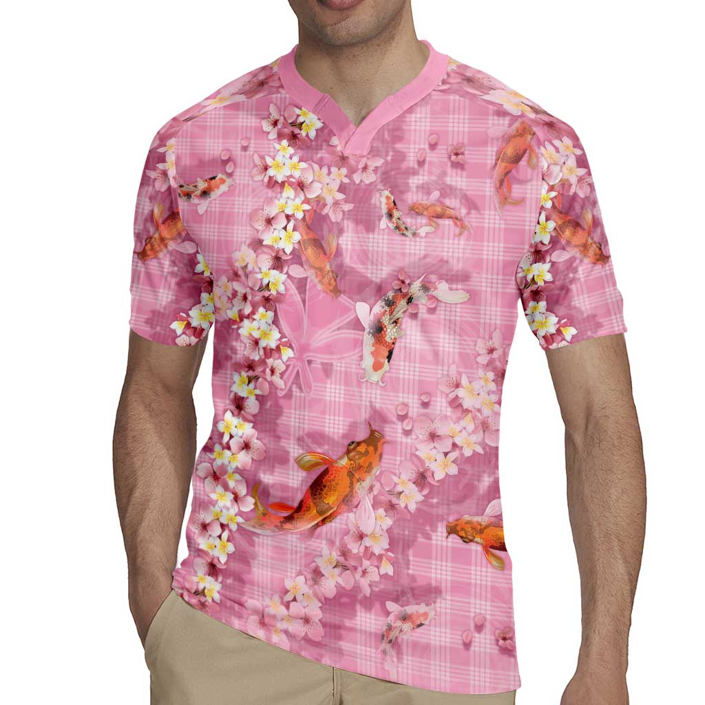 Pink Palaka Hawaiian And Japanese Rugby Jersey Sakura Lei With Koi Fish - Polynesian Pride