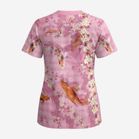 Pink Palaka Hawaiian And Japanese Scrub Top Sakura Lei With Koi Fish - Polynesian Pride