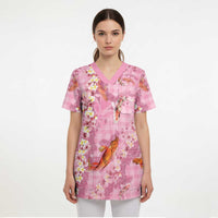 Pink Palaka Hawaiian And Japanese Scrub Top Sakura Lei With Koi Fish - Polynesian Pride