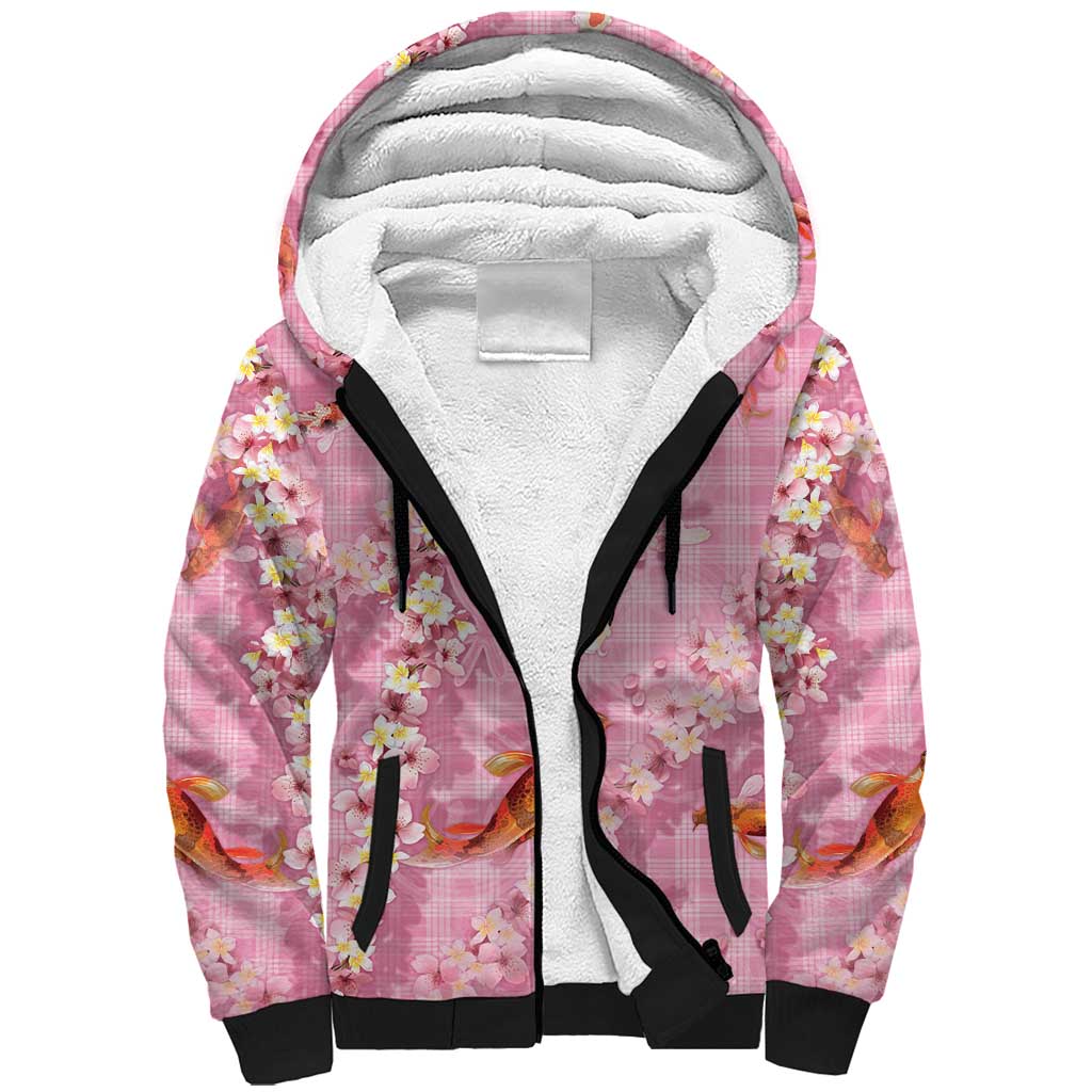 Pink Palaka Hawaiian And Japanese Sherpa Hoodie Sakura Lei With Koi Fish DT05 Unisex Pink - Polynesian Pride