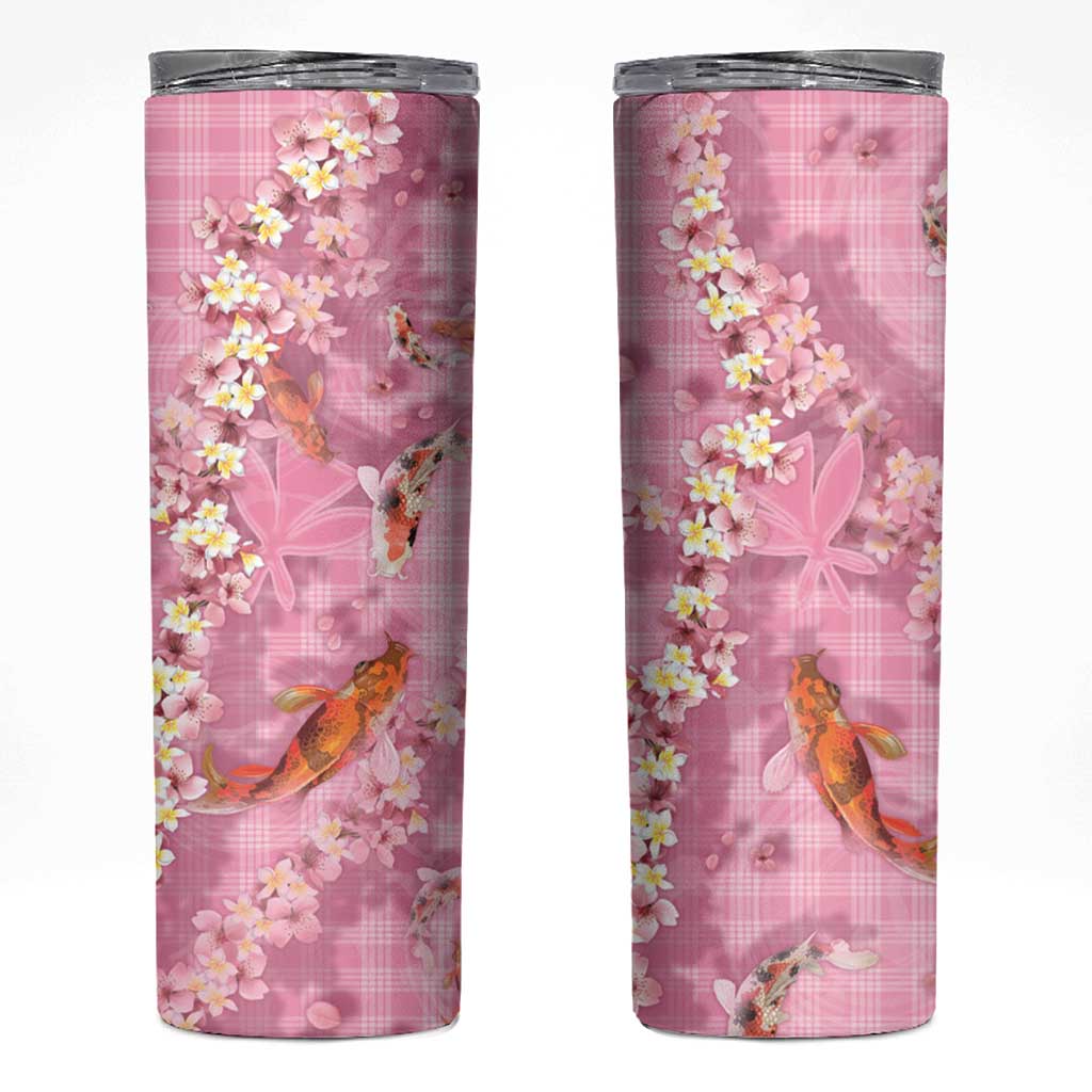 Pink Palaka Hawaiian And Japanese Skinny Tumbler Sakura Lei With Koi Fish - Polynesian Pride