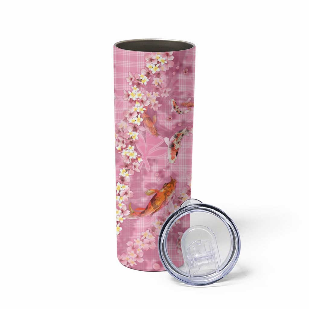 Pink Palaka Hawaiian And Japanese Skinny Tumbler Sakura Lei With Koi Fish - Polynesian Pride