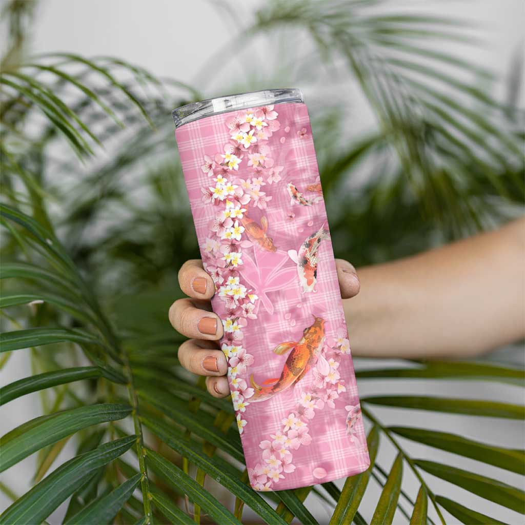 Pink Palaka Hawaiian And Japanese Skinny Tumbler Sakura Lei With Koi Fish - Polynesian Pride