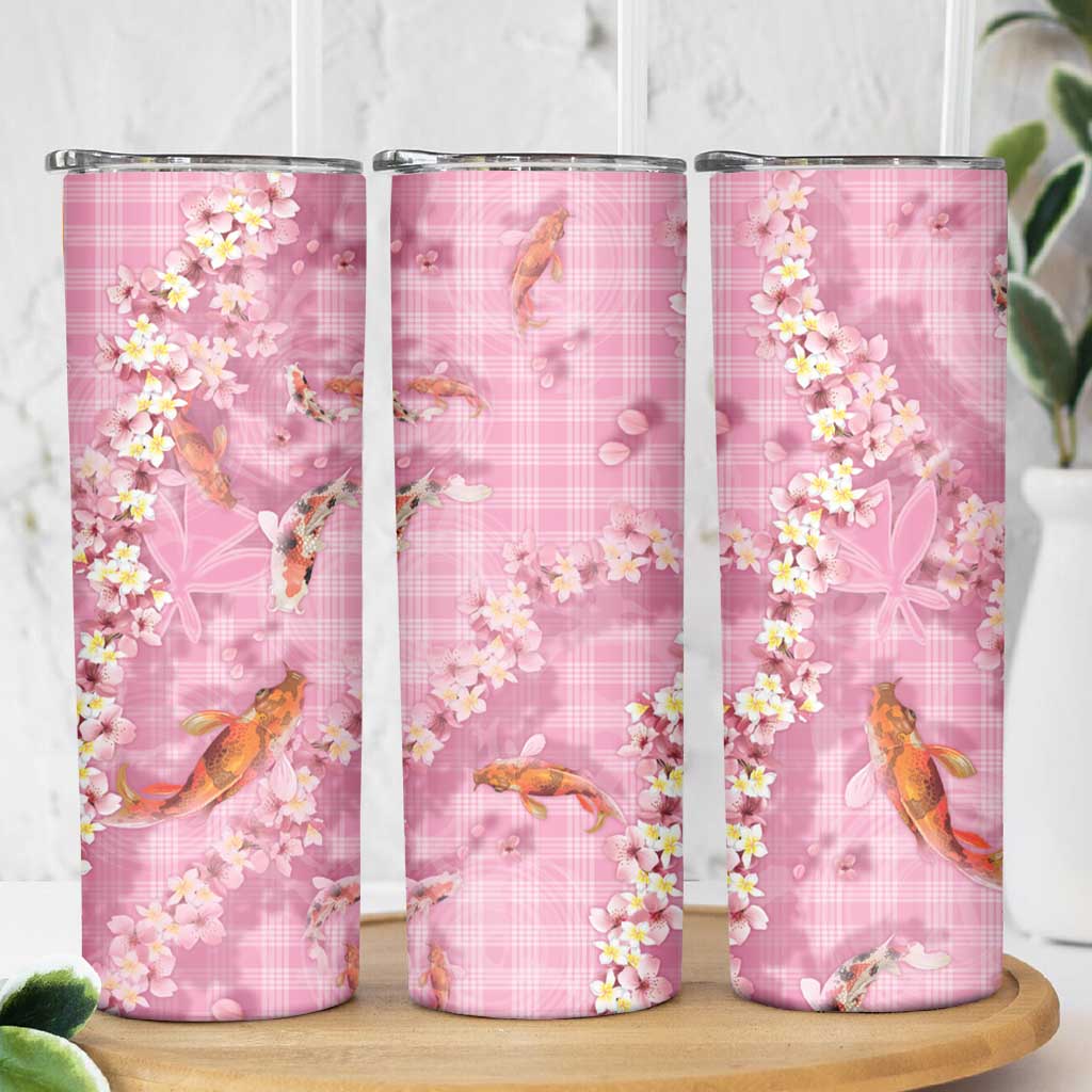 Pink Palaka Hawaiian And Japanese Skinny Tumbler Sakura Lei With Koi Fish - Polynesian Pride