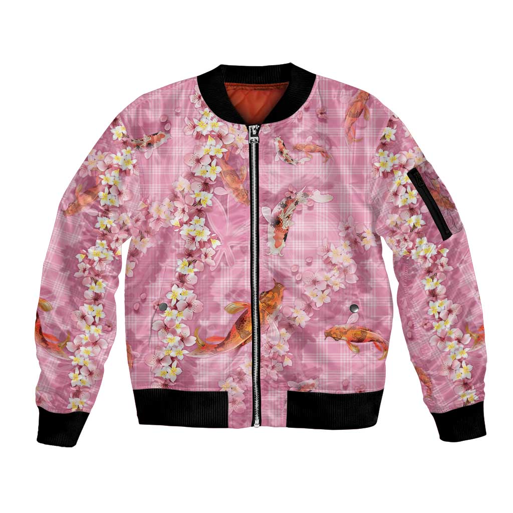 Pink Palaka Hawaiian And Japanese Sleeve Zip Bomber Jacket Sakura Lei With Koi Fish DT05 Unisex Pink - Polynesian Pride