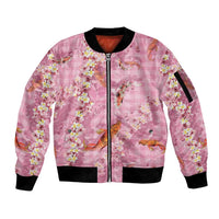 Pink Palaka Hawaiian And Japanese Sleeve Zip Bomber Jacket Sakura Lei With Koi Fish - Polynesian Pride