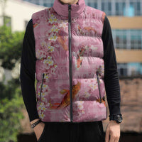 Pink Palaka Hawaiian And Japanese Sleeveless Puffer Jacket Sakura Lei With Koi Fish - Polynesian Pride