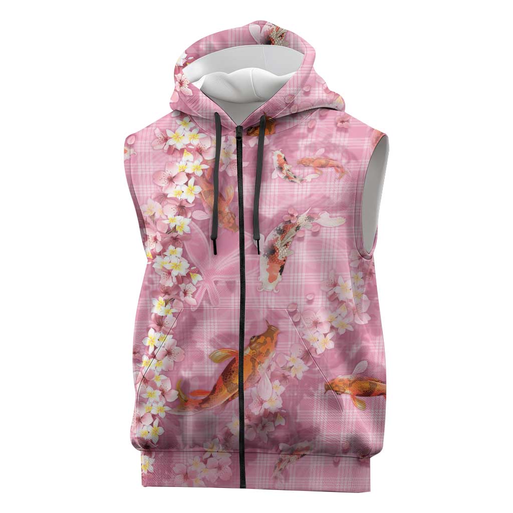 Pink Palaka Hawaiian And Japanese Sleeveless Zip Hoodie Sakura Lei With Koi Fish DT05 Pink - Polynesian Pride