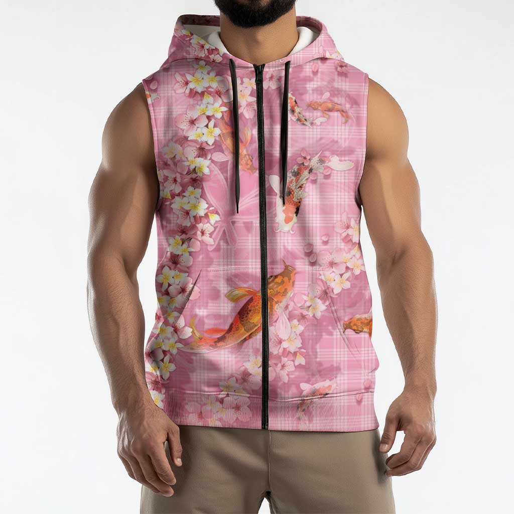 Pink Palaka Hawaiian And Japanese Sleeveless Zip Hoodie Sakura Lei With Koi Fish - Polynesian Pride