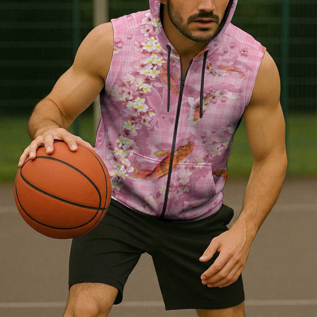 Pink Palaka Hawaiian And Japanese Sleeveless Zip Hoodie Sakura Lei With Koi Fish - Polynesian Pride