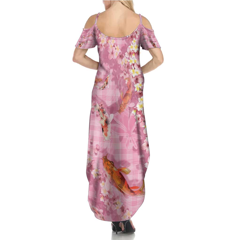 Pink Palaka Hawaiian And Japanese Summer Maxi Dress Sakura Lei With Koi Fish - Polynesian Pride