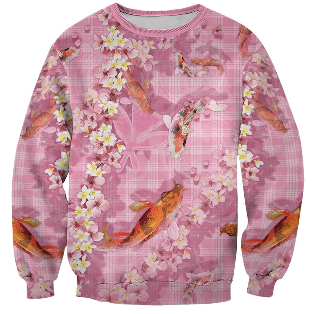Pink Palaka Hawaiian And Japanese Sweatshirt Sakura Lei With Koi Fish - Polynesian Pride