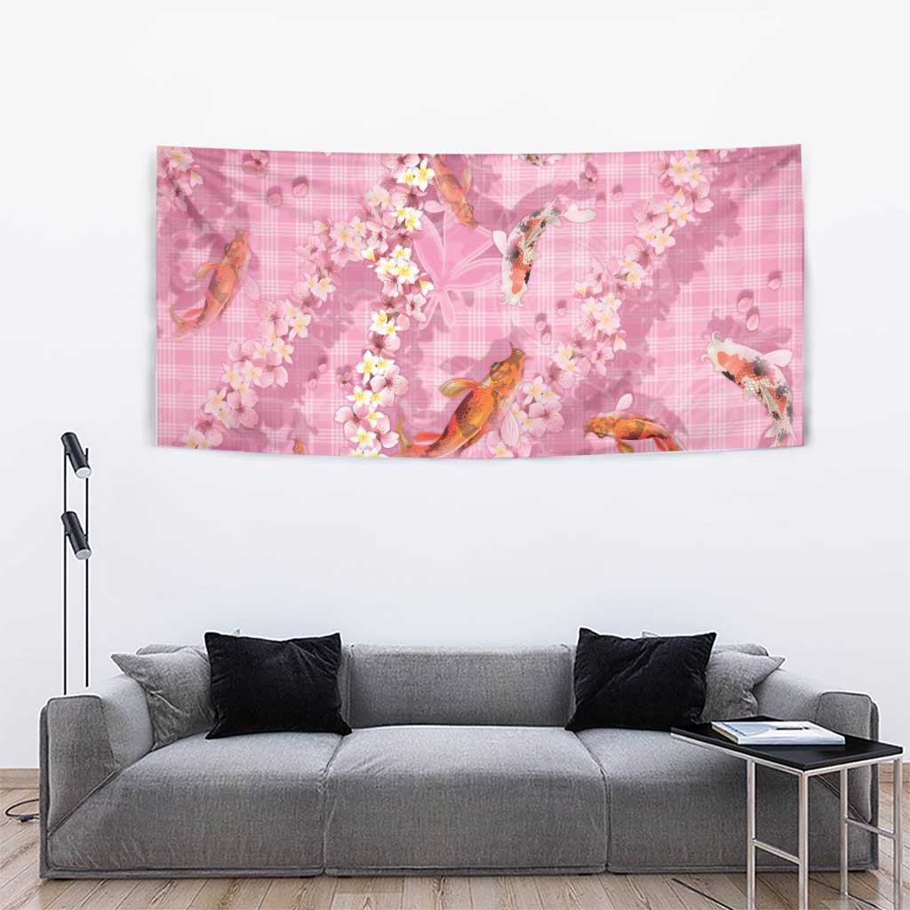 Pink Palaka Hawaiian And Japanese Tapestry Sakura Lei With Koi Fish - Polynesian Pride