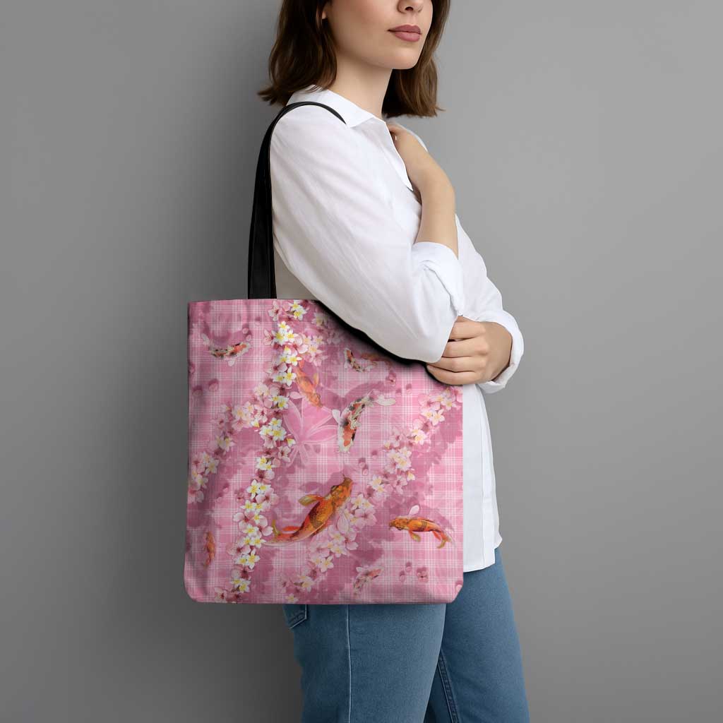 Pink Palaka Hawaiian And Japanese Tote Bag Sakura Lei With Koi Fish - Polynesian Pride