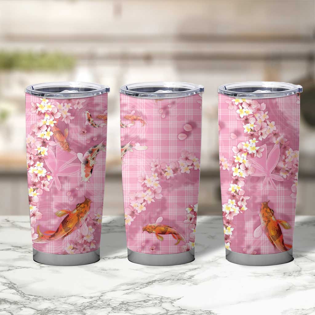 Pink Palaka Hawaiian And Japanese Tumbler Cup Sakura Lei With Koi Fish - Polynesian Pride