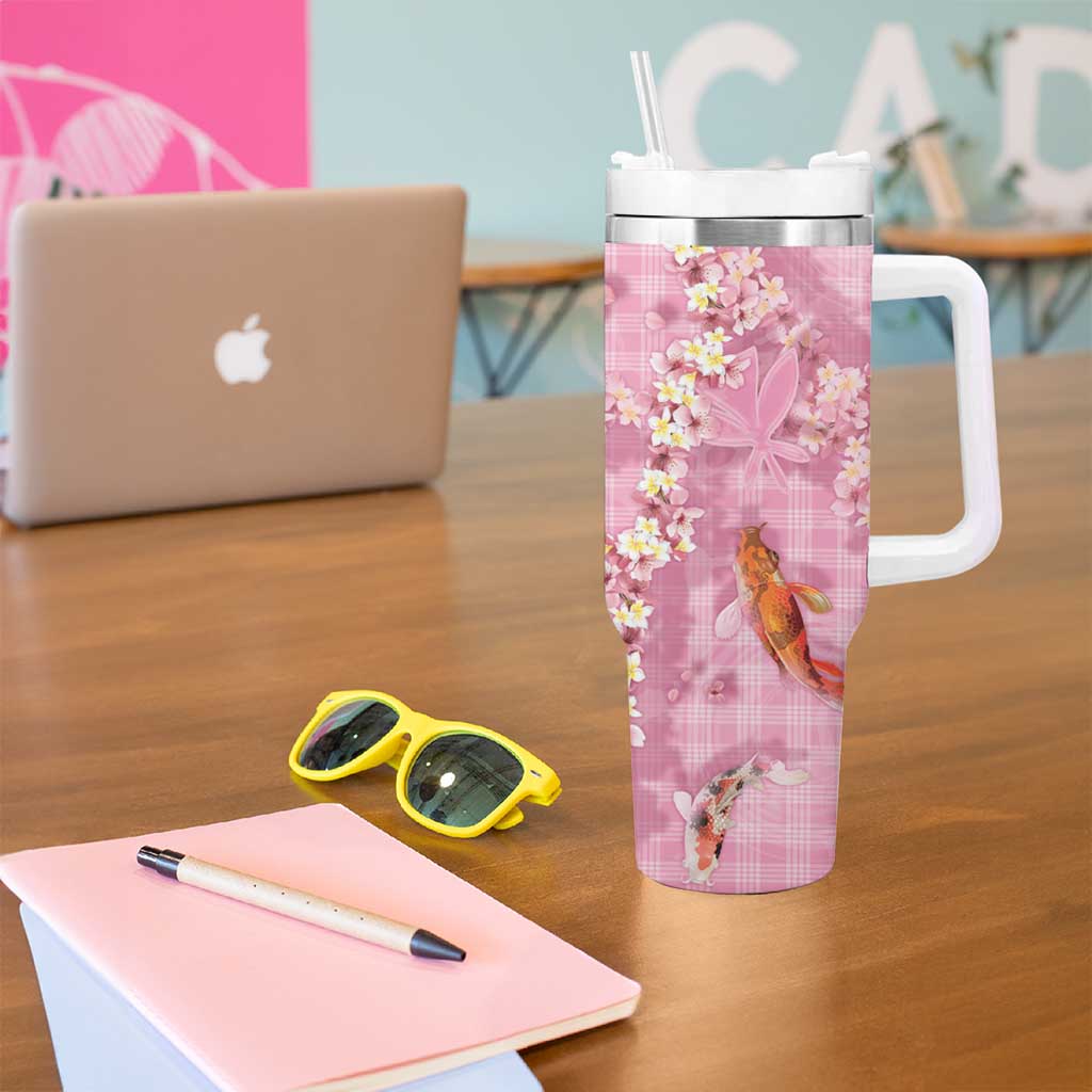 Pink Palaka Hawaiian And Japanese Tumbler With Handle Sakura Lei With Koi Fish - Polynesian Pride