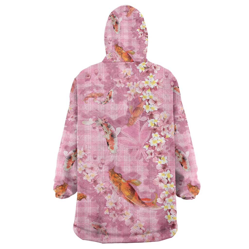 Pink Palaka Hawaiian And Japanese Wearable Blanket Hoodie Sakura Lei With Koi Fish - Polynesian Pride