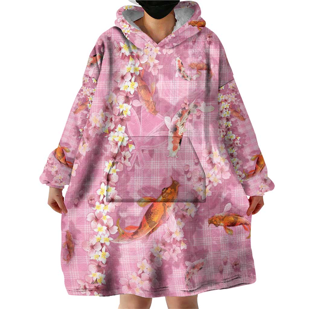 Pink Palaka Hawaiian And Japanese Wearable Blanket Hoodie Sakura Lei With Koi Fish - Polynesian Pride