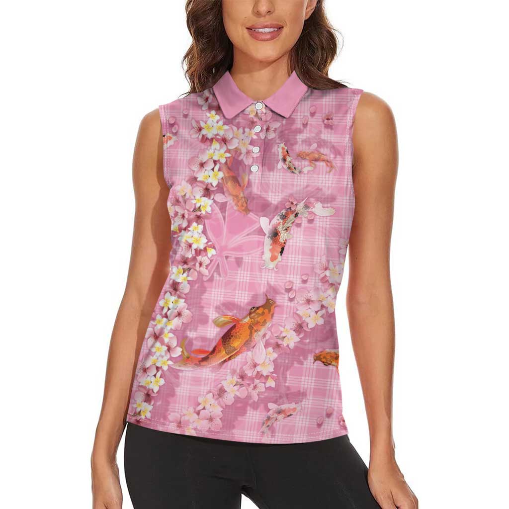 Pink Palaka Hawaiian And Japanese Women Sleeveless Polo Shirt Sakura Lei With Koi Fish - Polynesian Pride