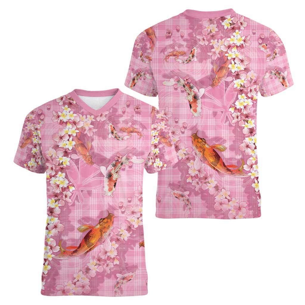 Pink Palaka Hawaiian And Japanese Women V-Neck T-Shirt Sakura Lei With Koi Fish - Polynesian Pride