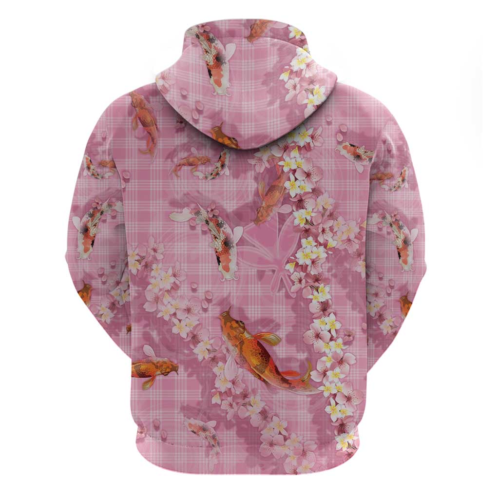 Pink Palaka Hawaiian And Japanese Zip Hoodie Sakura Lei With Koi Fish - Polynesian Pride