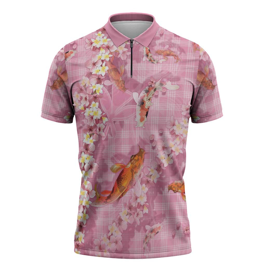 Pink Palaka Hawaiian And Japanese Zipper Polo Shirt Sakura Lei With Koi Fish - Polynesian Pride