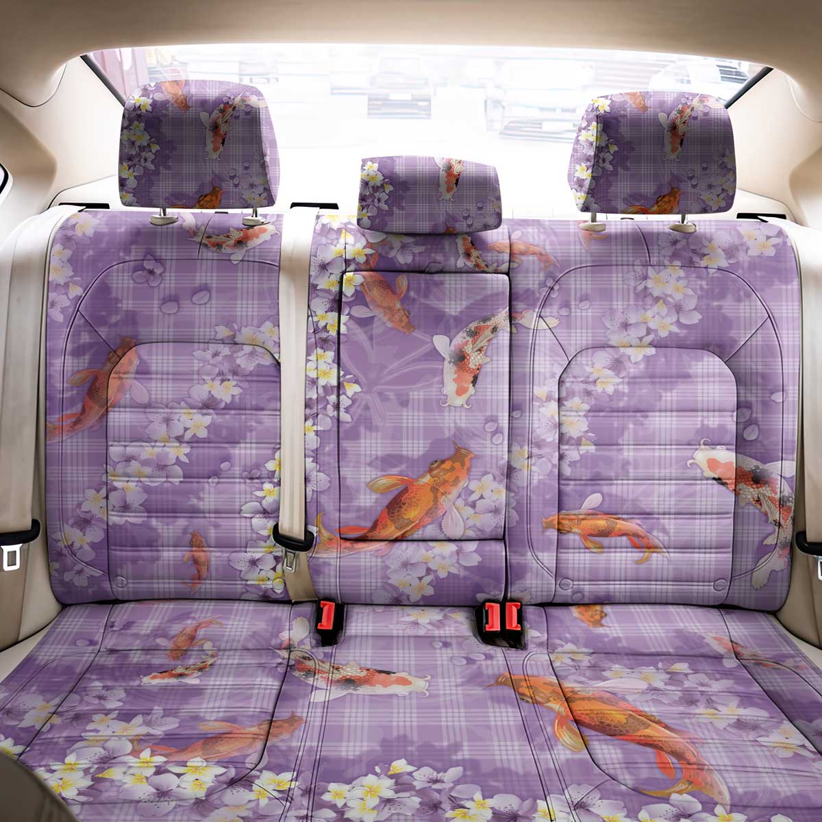 Purple Palaka Hawaiian And Japanese Back Car Seat Cover Sakura Lei With Koi Fish - Polynesian Pride