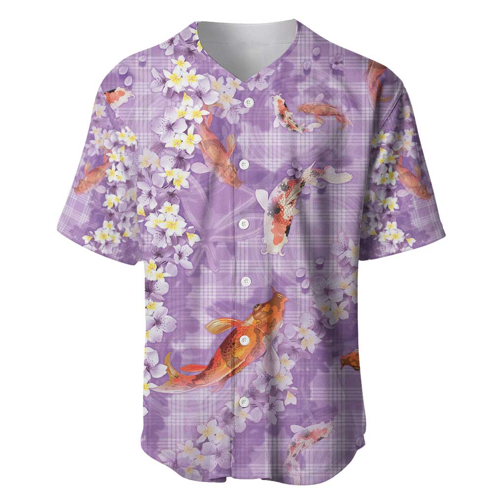 Purple Palaka Hawaiian And Japanese Baseball Jersey Sakura Lei With Koi Fish - Polynesian Pride