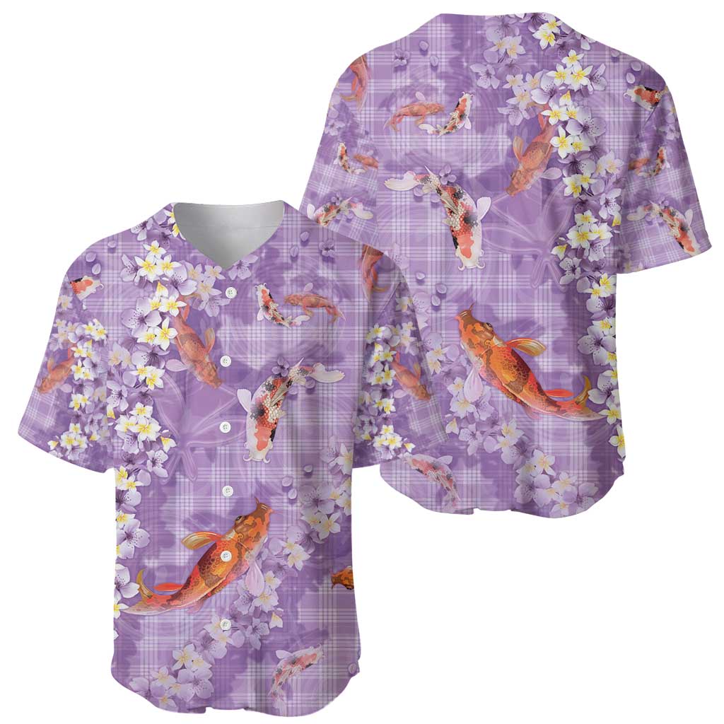Purple Palaka Hawaiian And Japanese Baseball Jersey Sakura Lei With Koi Fish - Polynesian Pride