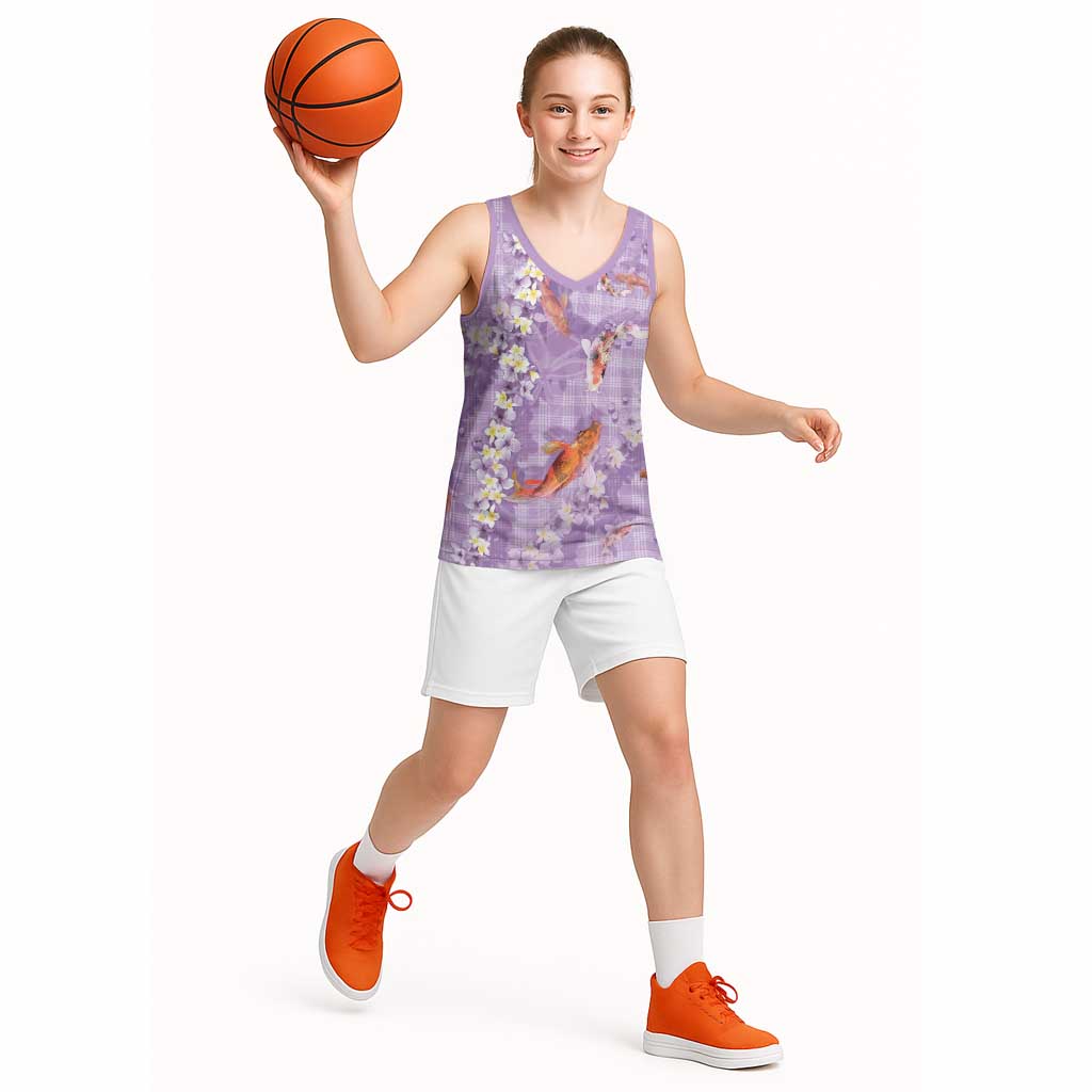 Purple Palaka Hawaiian And Japanese Basketball Jersey Sakura Lei With Koi Fish - Polynesian Pride
