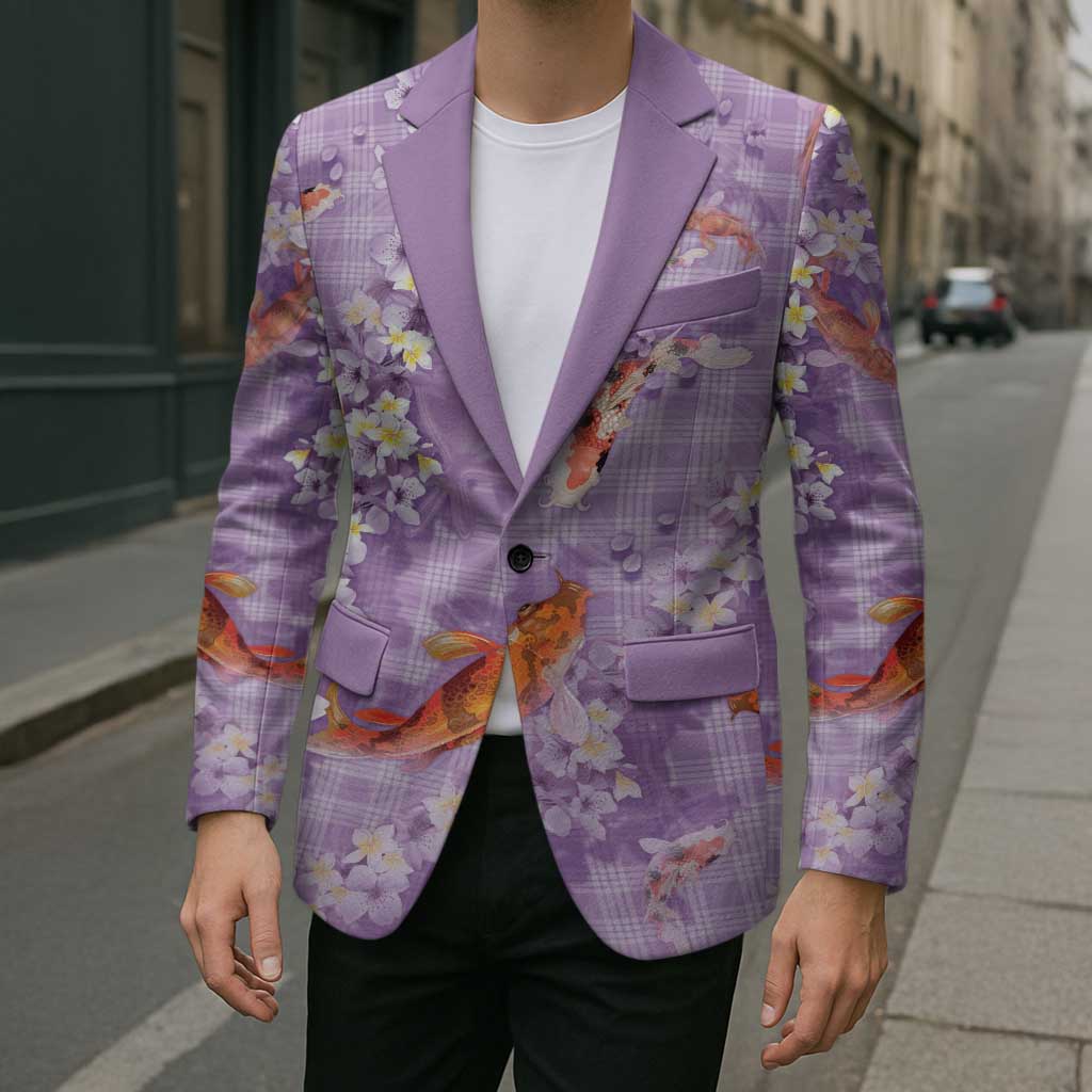 Purple Palaka Hawaiian And Japanese Blazer Sakura Lei With Koi Fish - Polynesian Pride