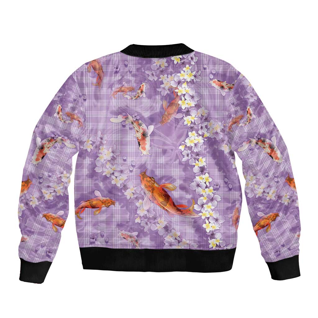 Purple Palaka Hawaiian And Japanese Bomber Jacket Sakura Lei With Koi Fish - Polynesian Pride