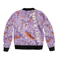 Purple Palaka Hawaiian And Japanese Bomber Jacket Sakura Lei With Koi Fish - Polynesian Pride