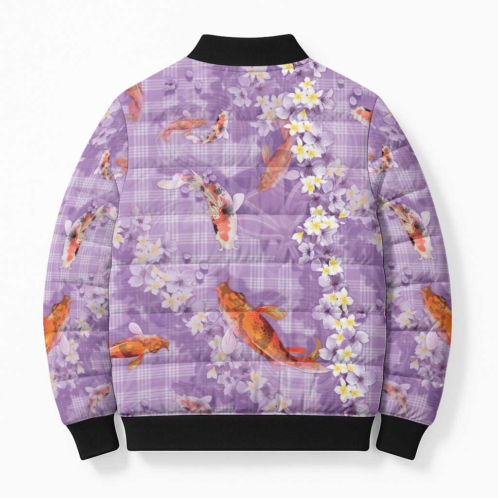 Purple Palaka Hawaiian And Japanese Bomber Puffer Jacket Sakura Lei With Koi Fish - Polynesian Pride