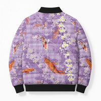 Purple Palaka Hawaiian And Japanese Bomber Puffer Jacket Sakura Lei With Koi Fish - Polynesian Pride